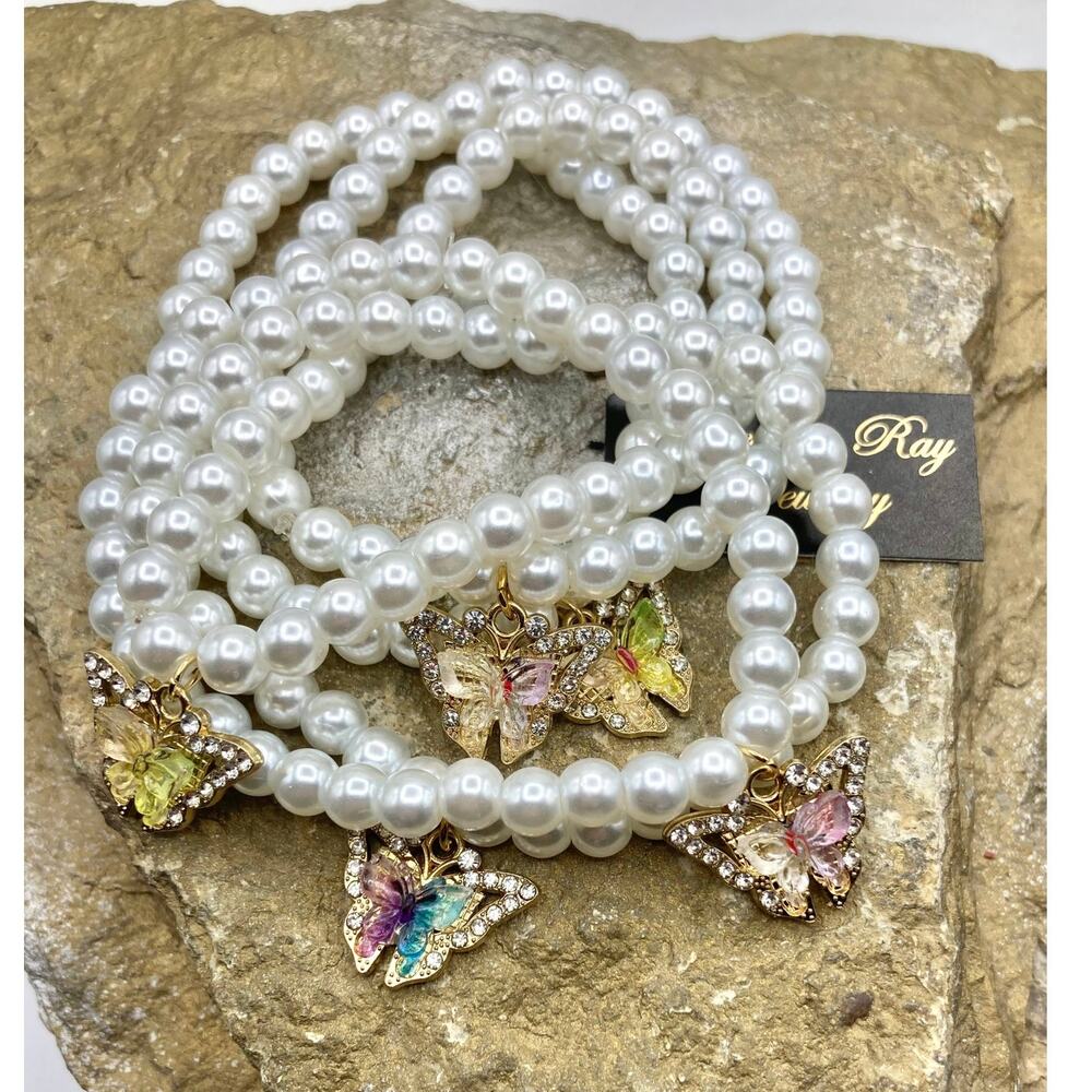 Boho Glass Pearl & Butterfly Charm Stretch Bracelet Stack | Set of 5